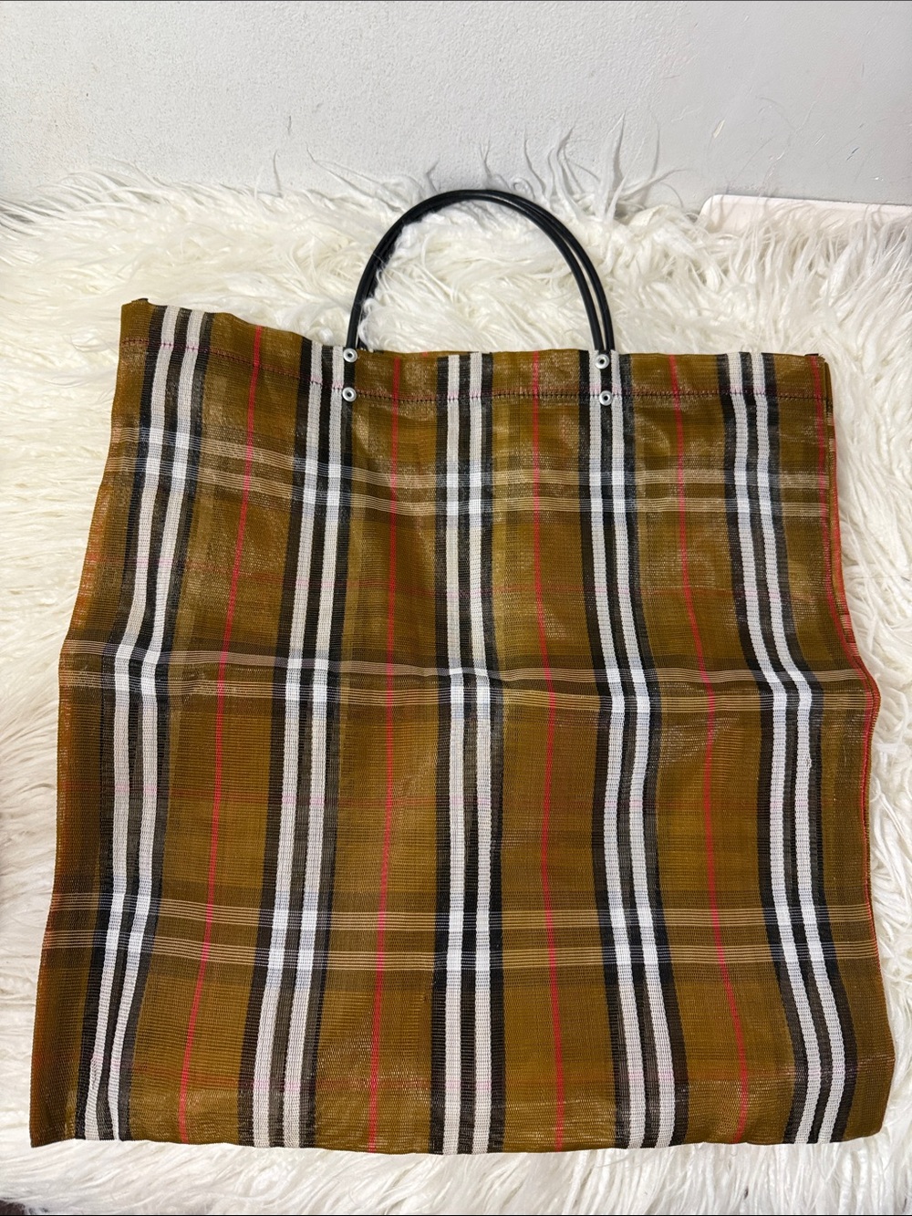 Striped Foldable Nylon Tote Bag in Mustard Plaid